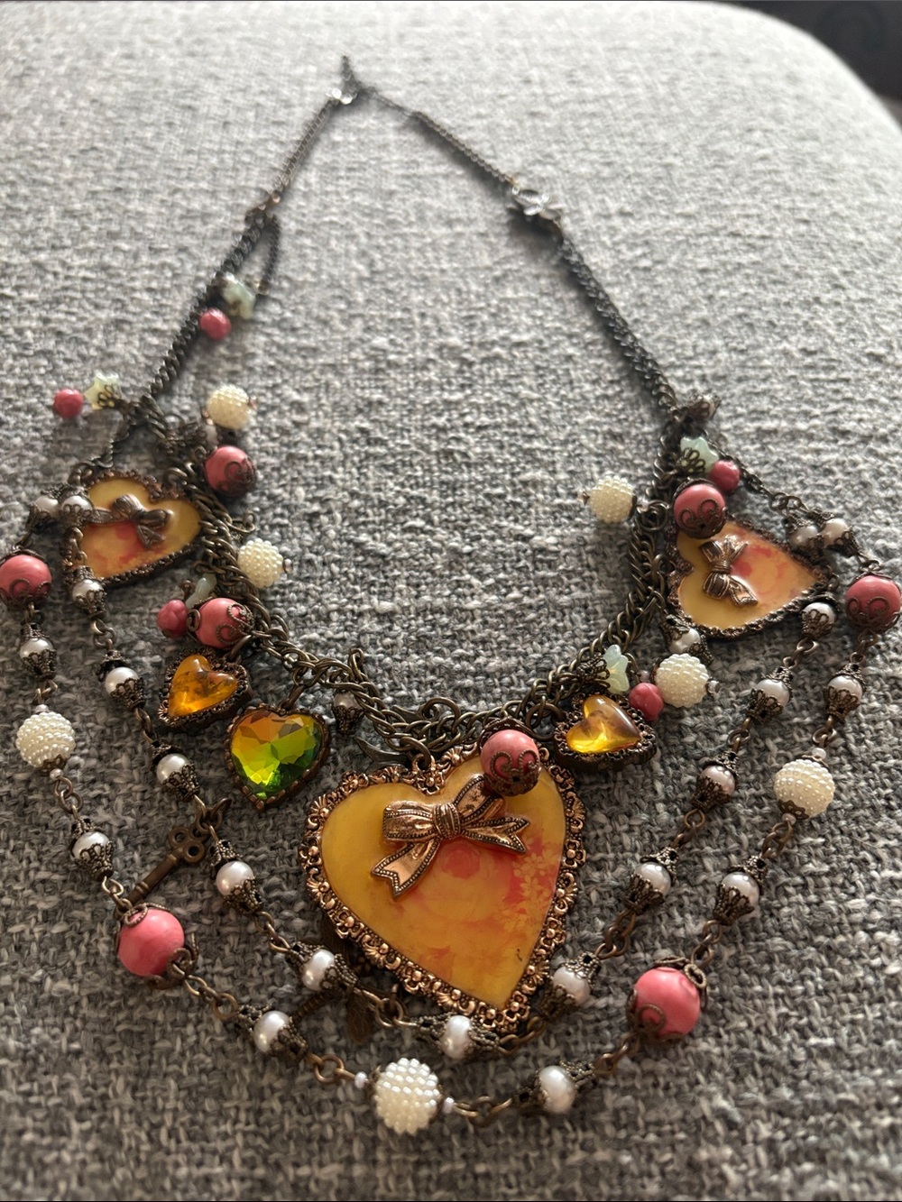 Betsey Johnson Multi-Strand Heart Pendant Necklace in Yellow and Pink